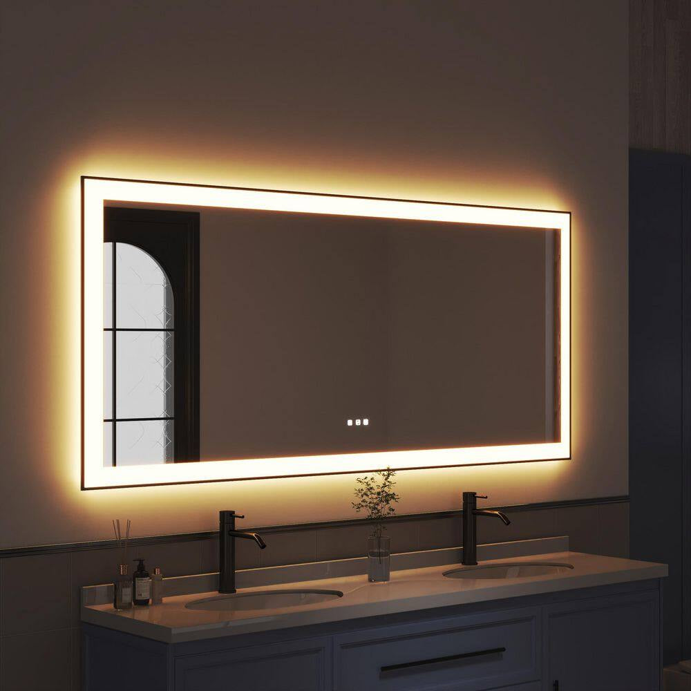 72 In. W X 32 In. H Rectangular Framed Anti-Fog LED Wall Bathroom Vanity Mirror in Black with Backlit and Front Light
