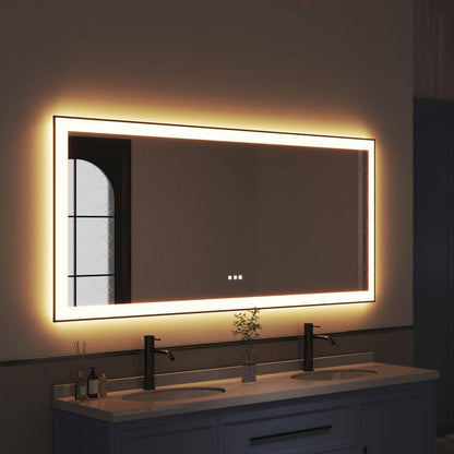 72 In. W X 32 In. H Rectangular Framed Anti-Fog LED Wall Bathroom Vanity Mirror in Black with Backlit and Front Light