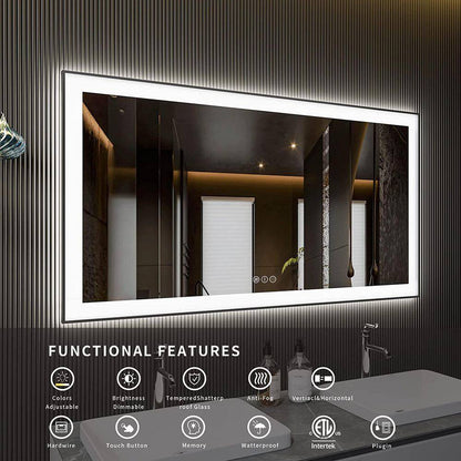 72 In. W X 32 In. H Rectangular Framed Anti-Fog LED Wall Bathroom Vanity Mirror in Black with Backlit and Front Light
