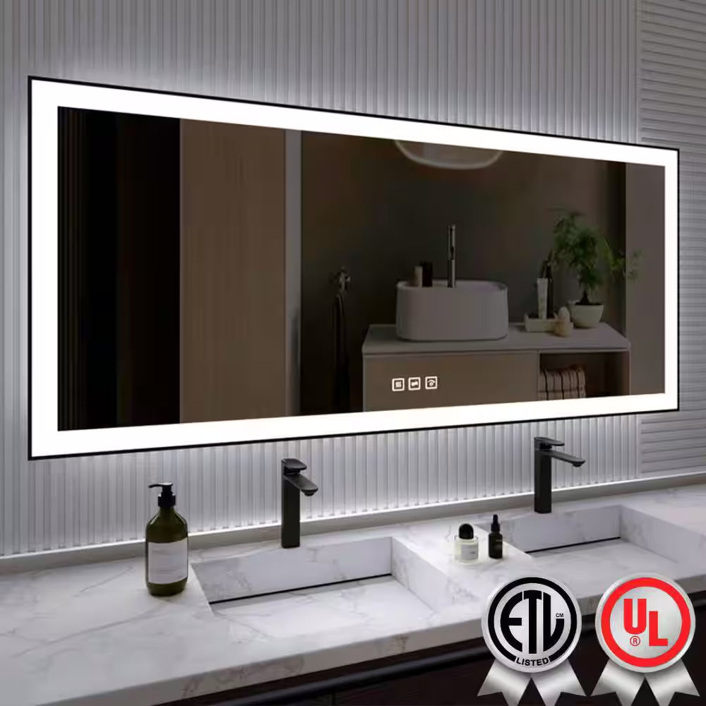 72 In. W X 32 In. H Rectangular Framed Anti-Fog LED Wall Bathroom Vanity Mirror in Black with Backlit and Front Light