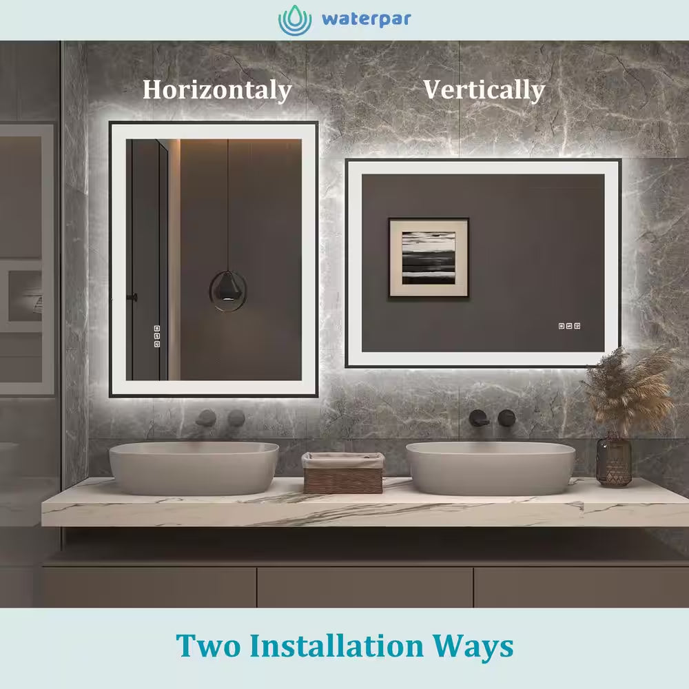 72 In. W X 32 In. H Rectangular Framed Anti-Fog LED Wall Bathroom Vanity Mirror in Black with Backlit and Front Light