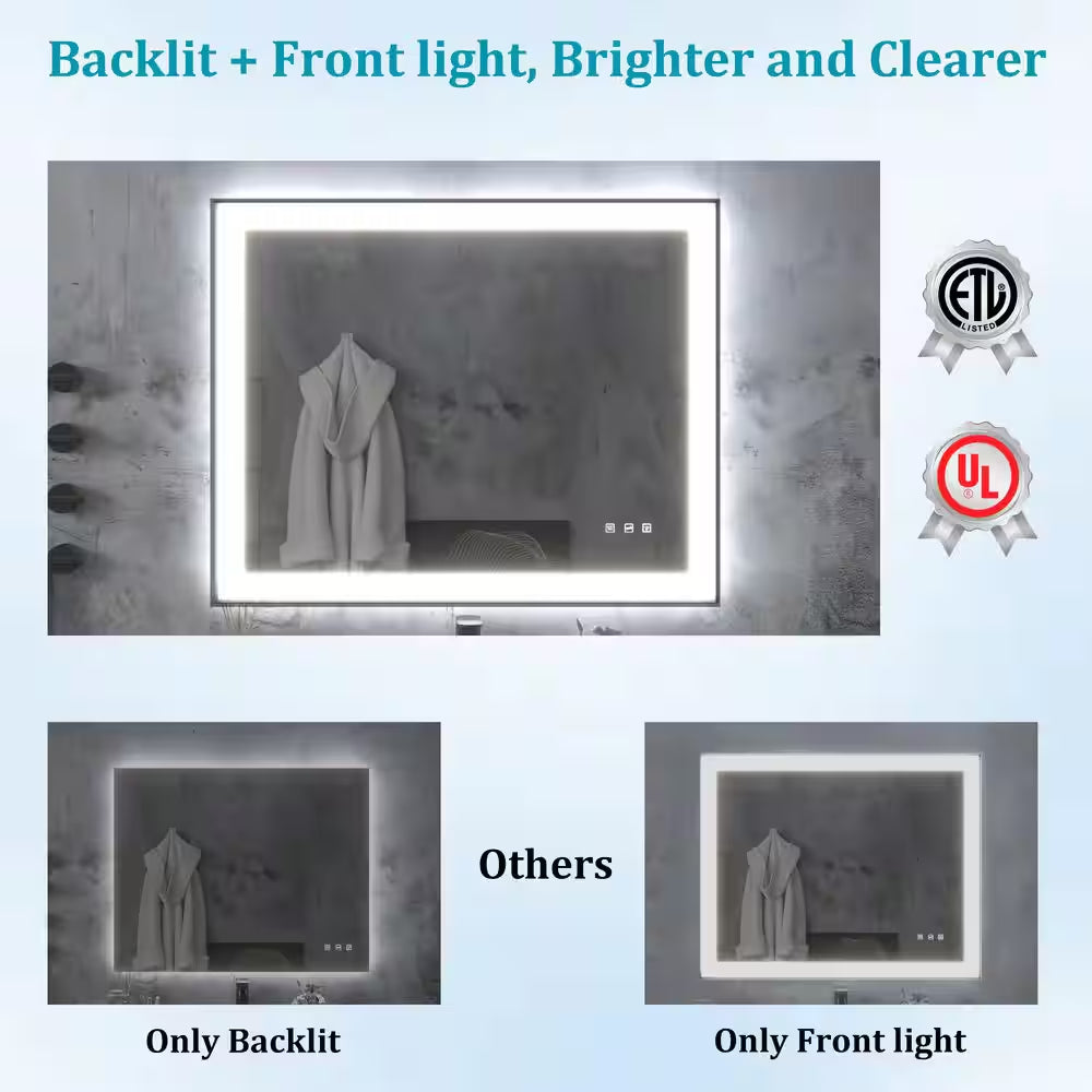 72 In. W X 32 In. H Rectangular Framed Anti-Fog LED Wall Bathroom Vanity Mirror in Black with Backlit and Front Light