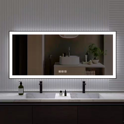 72 In. W X 32 In. H Rectangular Framed Anti-Fog LED Wall Bathroom Vanity Mirror in Black with Backlit and Front Light