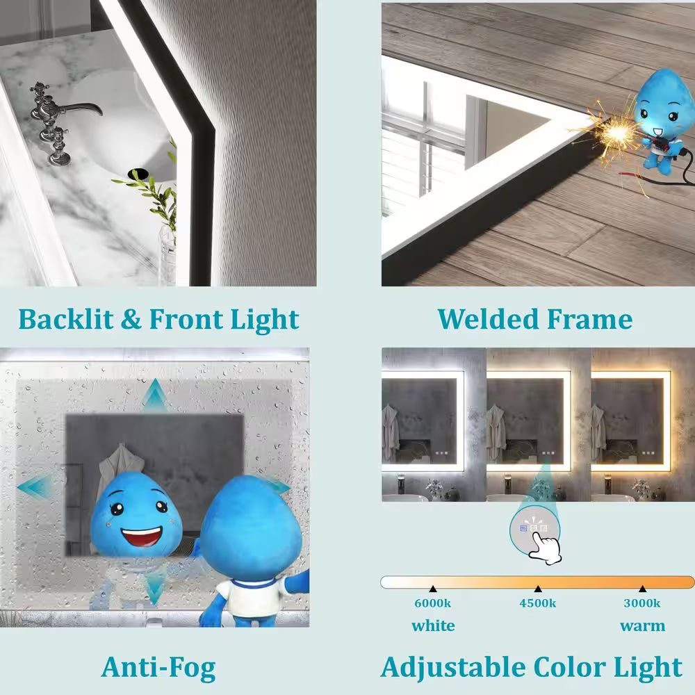 72 In. W X 32 In. H Rectangular Framed Anti-Fog LED Wall Bathroom Vanity Mirror in Black with Backlit and Front Light