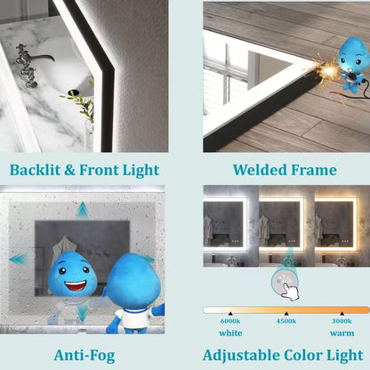 72 In. W X 32 In. H Rectangular Framed Anti-Fog LED Wall Bathroom Vanity Mirror in Black with Backlit and Front Light